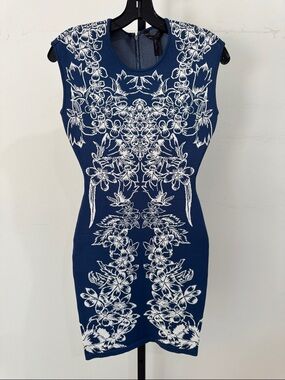 BCBGMaxAzria Ellena Denim Combo Bodycon Dress with White Floral Design